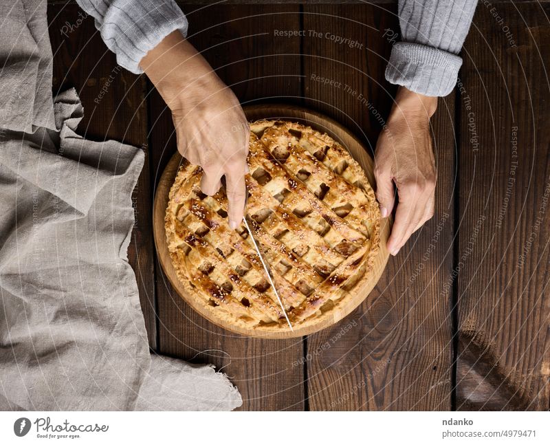 A woman cuts a baked round pie with apples with a knife on a wooden table hand hold homemade napkin rustic seasonal sugar sweet tart thanksgiving top tradition