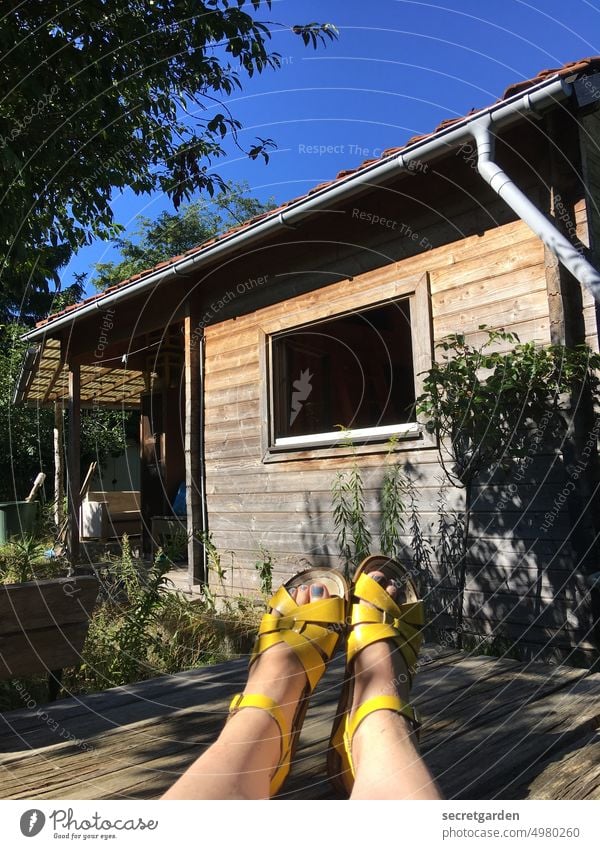 Lazy Day Garden plot feet Sandals Summer relaxing Naked Wooden house Wooden hut Exterior shot Colour photo Vacation & Travel Hut vacation Summer vacation