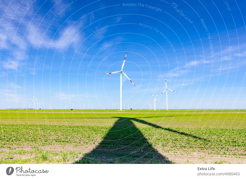 Long shadow under windmill, large wind power turbines spinning to generating clean, green, renewable energy Alternative Below Beneath Clean Cloudy Eco