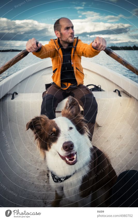 My partner with the cold snout ... and dog ;) boat Rowboat Rowing vacation Swede Lake Man Vacation & Travel Water Human being Adventure Colour photo Watercraft