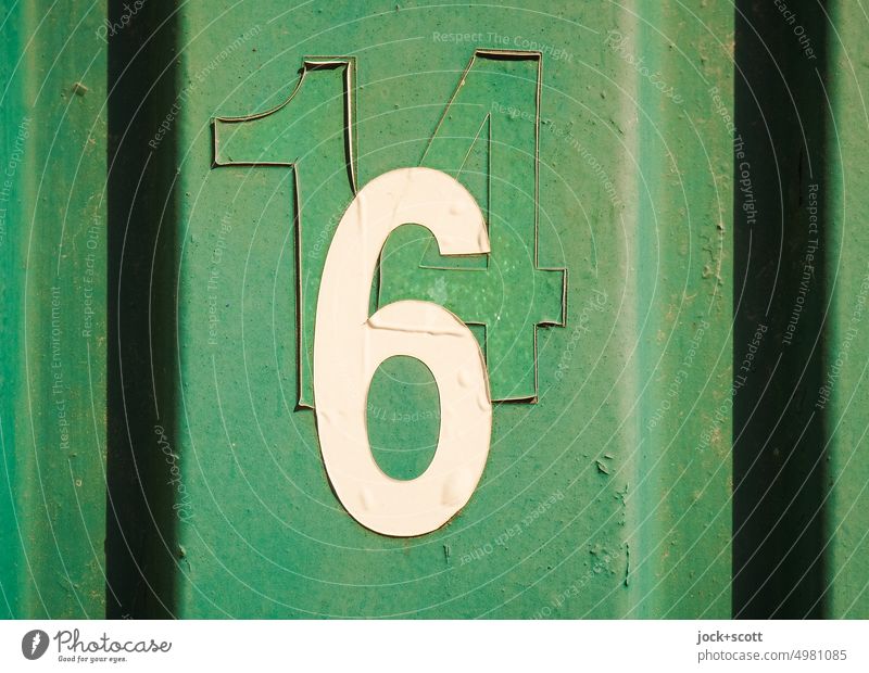 14 + 6 = 164 number Change Surface Green Weathered Typography Varnish glued Signs and labeling Authentic Relay Ravages of time Transience Capital letter Detail
