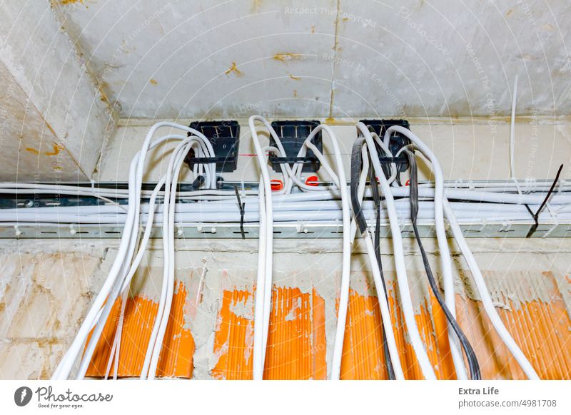 Bundle of various cables are hanging from above in indoor of building site. Above Block Box Brick Building Site Cable Ceiling Circuit Concrete Conductor Connect