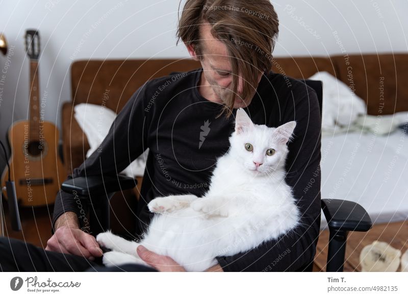 Man with white cat Cat White at home Pet Colour photo Interior shot Lie Animal Love of animals Animal portrait Day Cute Safety (feeling of) Contentment Cuddly
