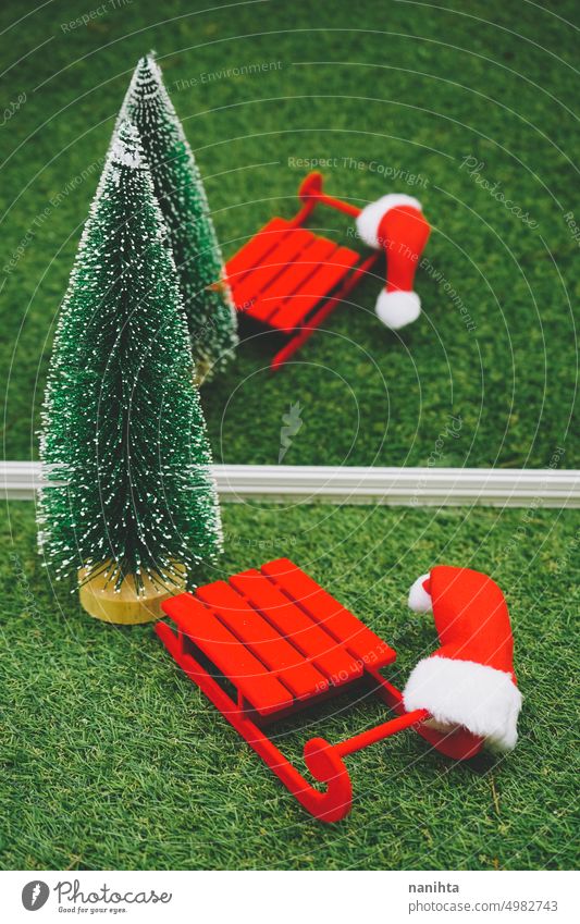 Classic christmas background with christmas tree, santas hat and other christmas toys winter holidays decoration green snow snowy eve event party sled sledge