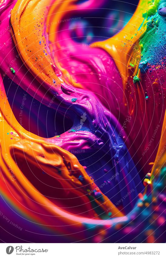 Colorful acrylic paint in movement with shapes textured. Rainbow color,Abstract art background. oil on canvas. Rough brushstrokes of paint. Closeup. Highly-textured, high quality details