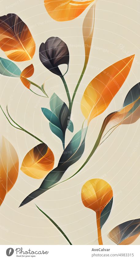 Luxury flowers digital illustration background with gold colors in line art style. Botanical poster with watercolor leaves in art line style for decor, design, wallpaper, packaging