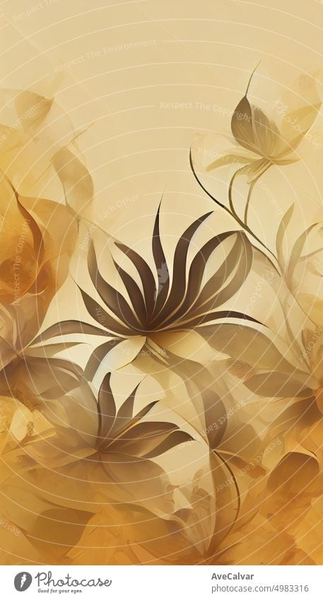Luxury flowers digital illustration background with gold colors in line art style. Botanical poster with watercolor leaves in art line style for decor, design, wallpaper, packaging