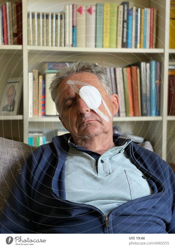 The cataract is gone! Gray Starling Operation Eye Clinic ophthalmologist be tired exhausted face Bandage Facial expression Adhesive tape contented facilitated