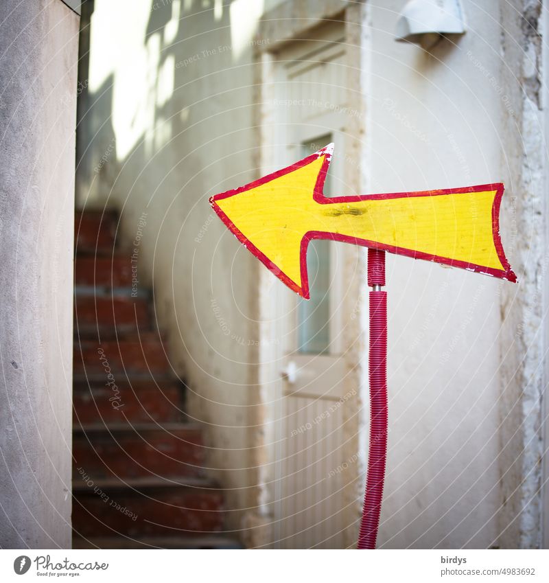 homemade arrow points to a stairway Arrow Direction Trend-setting Road marking Orientation Target Stairs Staircase Self-made Creativity individuality