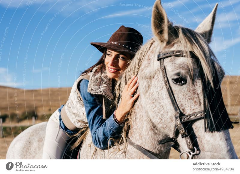 Woman sitting on white horse in nature rider rural bright sunlight equine horseback saddle recreation lifestyle breed farm outdoors cowgirl animal sport country