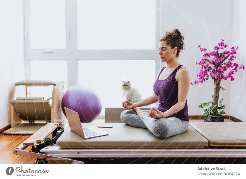 Fit young woman meditating in Lotus pose during distance yoga lesson at home meditate lotus pose padmasana online laptop eyes closed recreation wellness cat