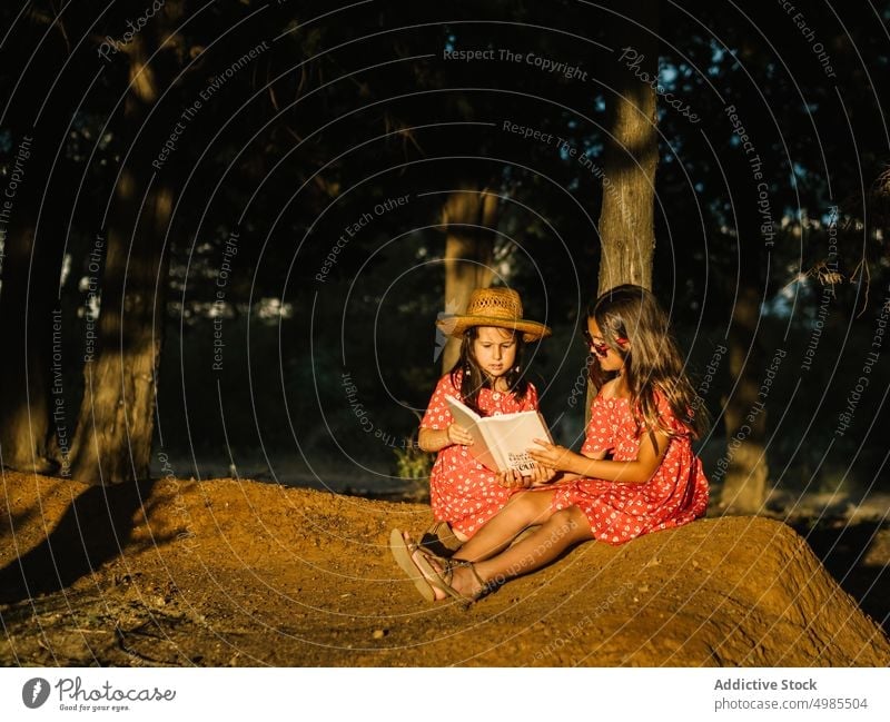 Two happy little sisters sitting in a meadow girl summer nature vacation carefree friend fun red playing family dress field sibling together childhood kid