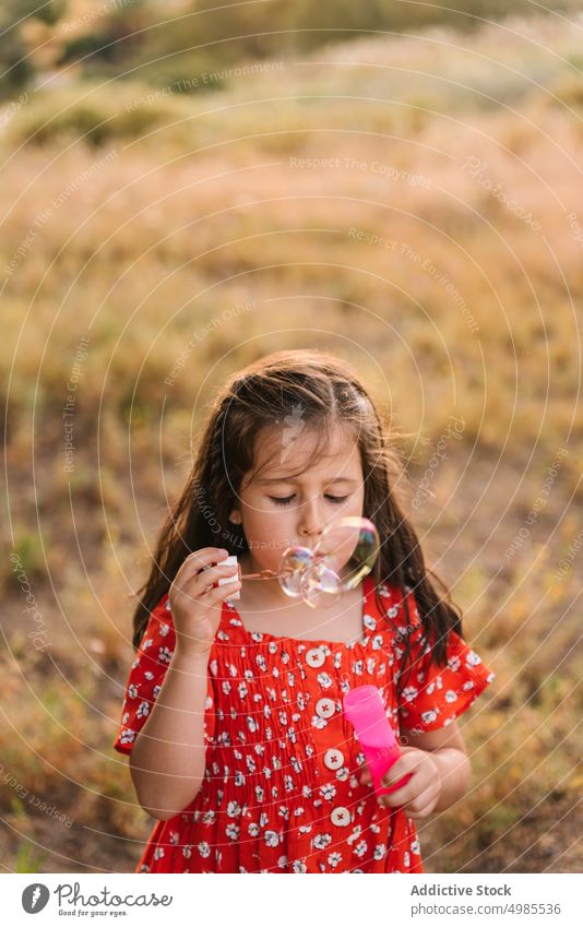 Cute girl blowing bubbles in sunny day soap bubbles happy playful summer nature red red dress innocence cheerful carefree sunlight fly adorable field together
