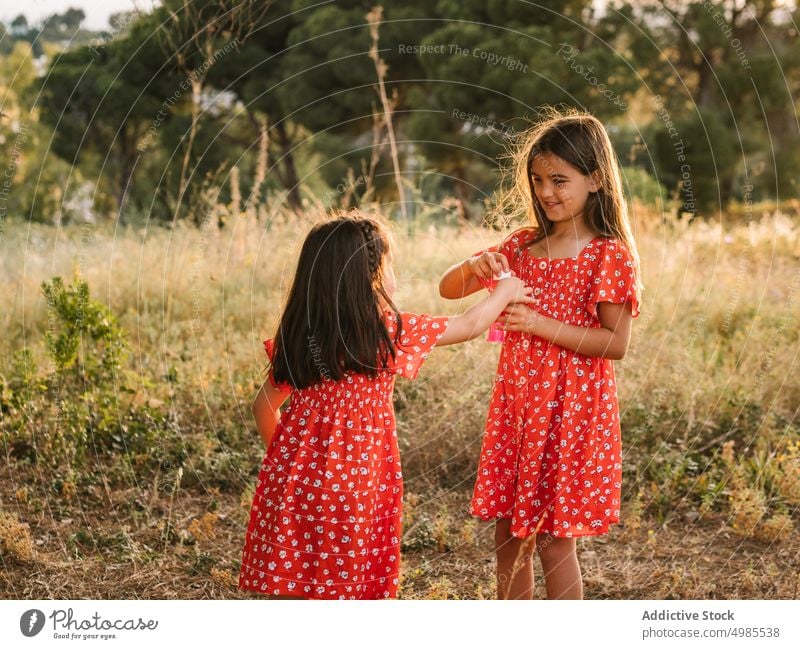 Cute girls blowing bubbles in sunny day sister soap bubbles happy playful summer nature red red dress innocence cheerful carefree sunlight fly adorable field