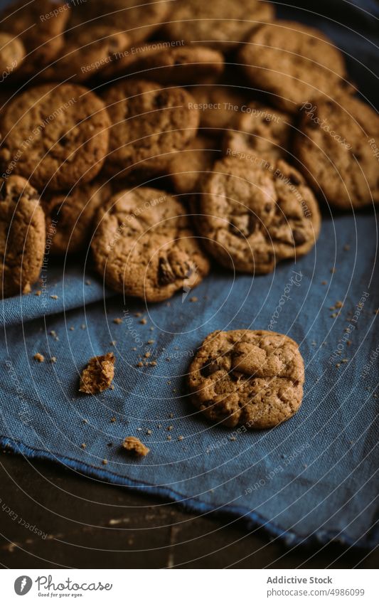 Homemade chocolate chips cookies baked crunchy food homemade rustic sugar sweet tasty delicious napkin cloth fresh cuisine dessert pastry crust recipe biscuit