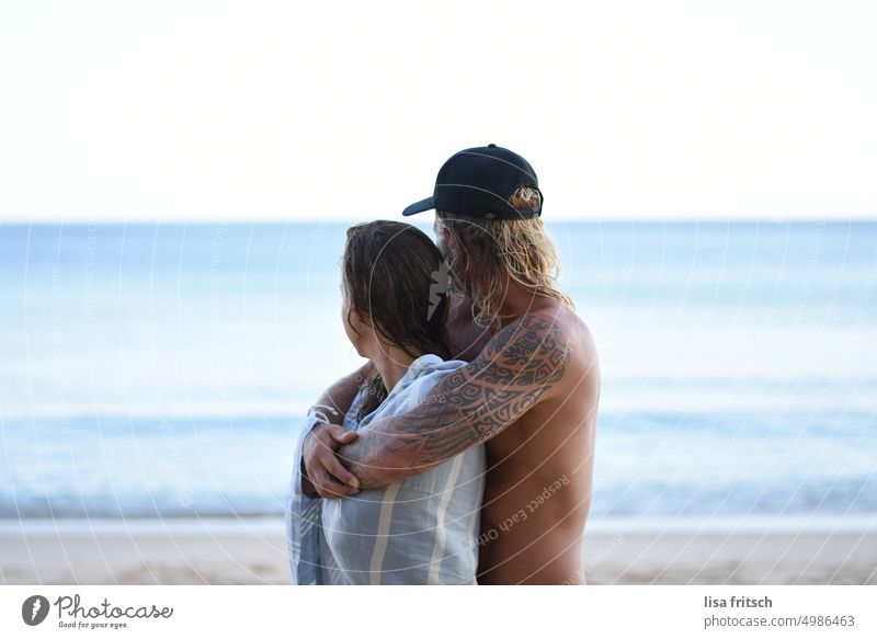BEING TOGETHER - VACATION MOOD - COZY Couple back view tattoos heterosexual Woman Man Love Together Relationship Feeling of togetherness Romance Happy Outdoors