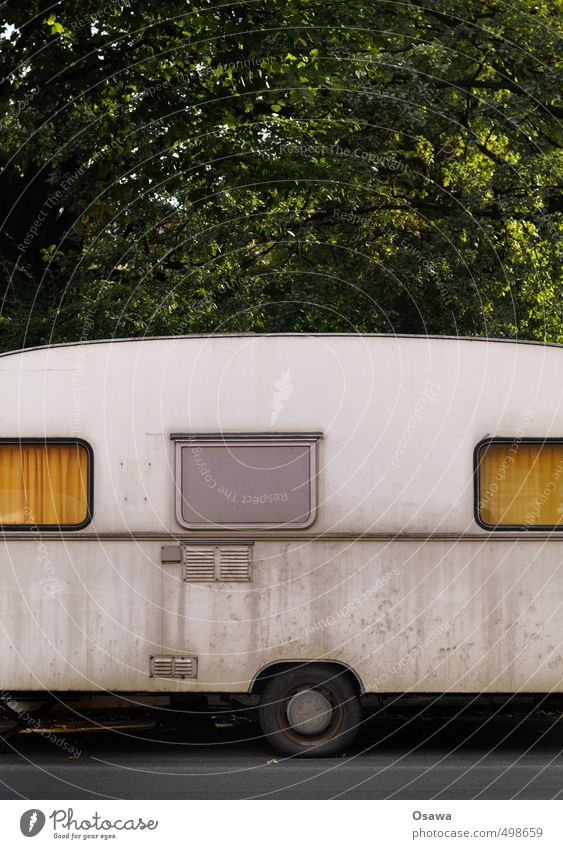 The camping season can come Vacation & Travel Tourism Trip Adventure Freedom Camping Caravan Deserted Hut Old Yellow Gray Green Orange Dirty Weathered Tree Leaf