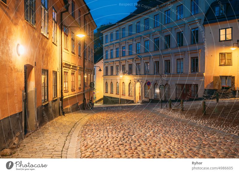 Stockholm, Sweden. Night View Of Traditional Stockholm Street. Residential Area, Cozy Street In Downtown. District Mullvaden First In Sodermalm Mullvaden Forsta