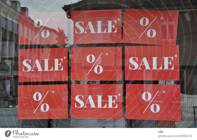 % SALE % SALE % SALE % SALE Sale Closing-down sale Signs and labeling Red Colour photo Offer Shopping Sell Characters Typography Signage Deserted Advertising
