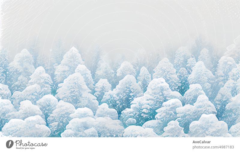 Christmas snowy winter forest landscape with copy space. christmas tree. background, concept for greeting or postal card.Winter greeting card leaflet header Christmas decoration background