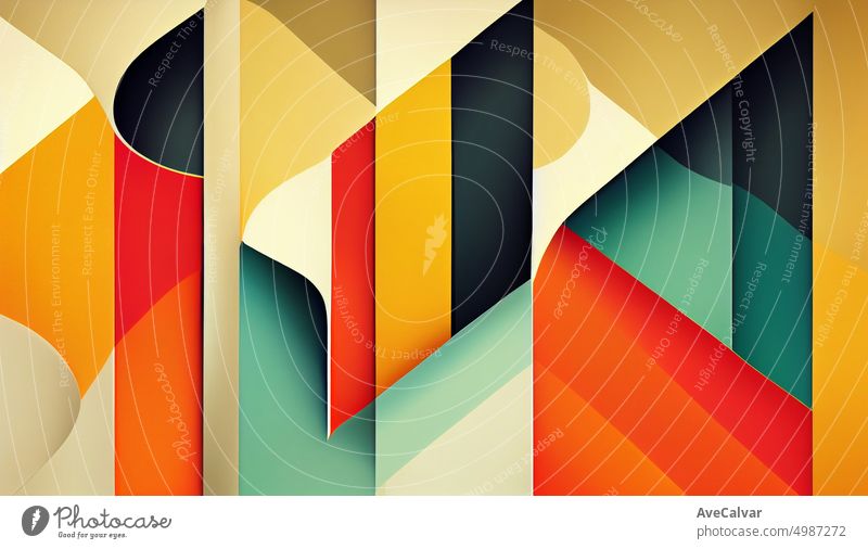 Minimal geometric design posters, template with primitive shapes elements with colorful textures. Design for wall decoration, postcard,poster or brochure.Colorful retrowave striped vintage.Symmetrical