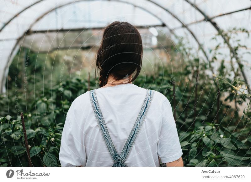 Close up woman standing in the middle of a greenhouse, image from behind, working on the farm gardening vegetable farmer growing growth rose oak smiling care