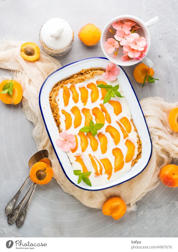 Home made apricot not baked cheese cake ricotta background gray cream delicious fruit mint food sweet fresh home made pastry pie enamel tin summer dessert