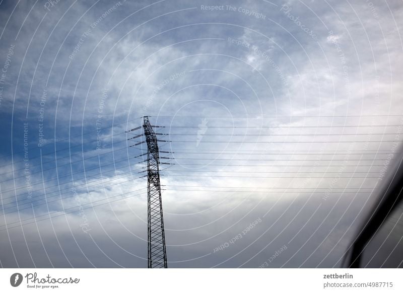 power line stream electric current Transmission lines Cable power cable overland line high voltage Pole Electricity pylon Sky cloud Worm's-eye view Connection