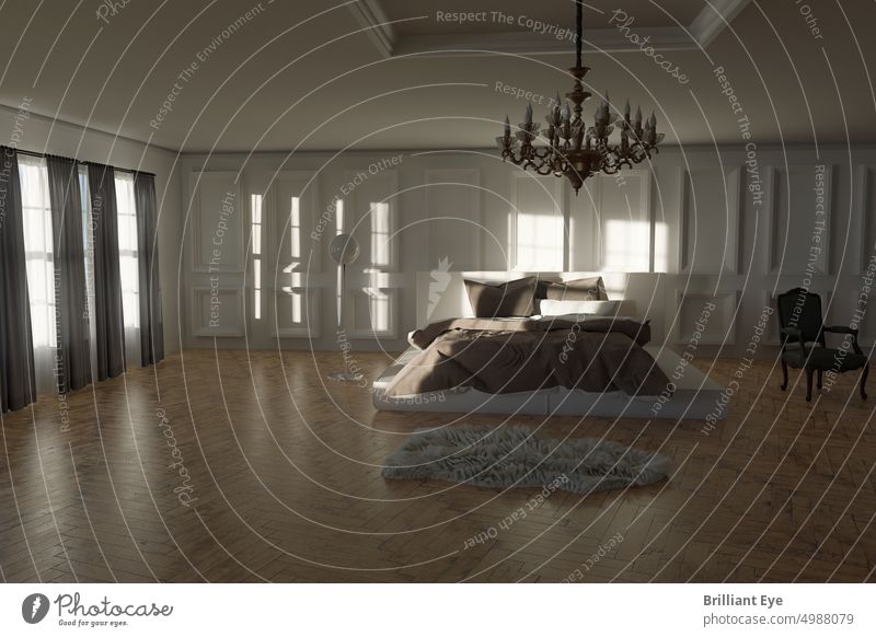 classic bedroom apartment with cosy bed 3d rendering aged architecture background bright building sunlight carpet ceiling concept copy space corridor curtain