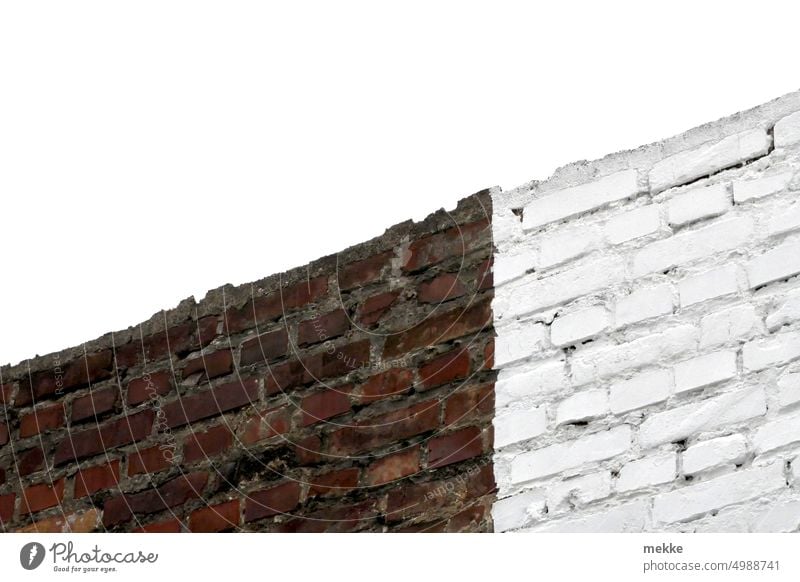 A divided wall that connects Wall (barrier) Wall (building) Colour Canceled brick Stone Facade Brick Border Neighbor neighbourhood Brick wall Red Old White Sky