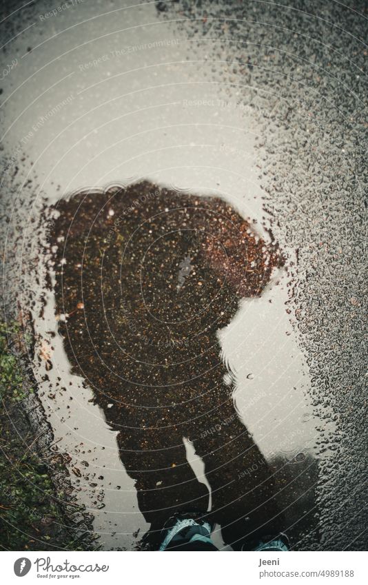 [HH Unnamed Road] Man with umbrella reflected in puddle Umbrella Rain Autumn Puddle Wet reflection Water Reflection Weather Street Asphalt Rainy weather Body