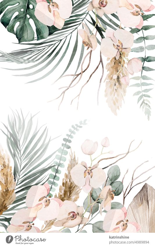 Boho Wedding Watercolor borders with beige and teal green tropical leaves and orchid flowers illustration Botanical Decoration Exotic Foliage Hand drawn