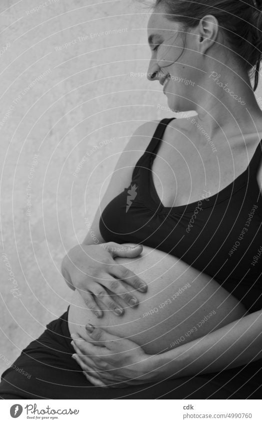 Pregnancy | in black and white | anticipation. Human being Woman pregnant women Baby bump Stomach Black & white photo Hand stop Enclose Embrace Touch feel Wait