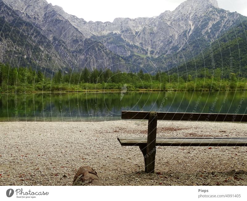 At the alpine lake mountain pasture valley Austria Lakeside Hiking Bench Break tranquillity Nature Relaxation reflection Stop short relaxation Landscape Longing