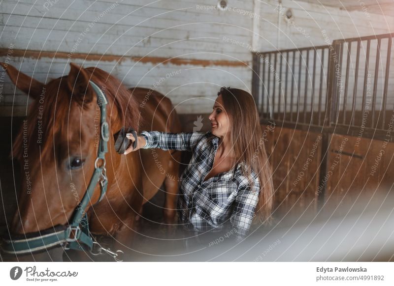 Woman brushes her horse in stables Horse woman Ranch Saddle Stable One Person People Adult Barn animals Rural Scene Animal Trainer care farm hobby