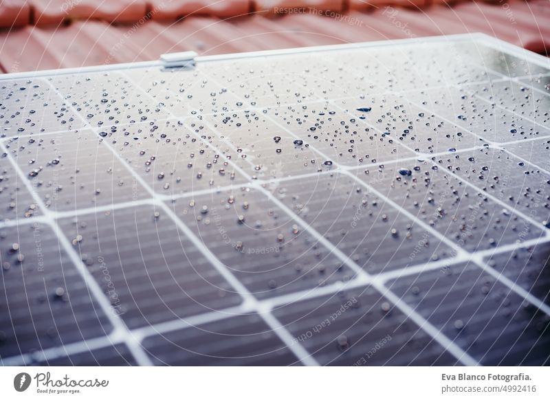 close up of water drops on solar panel on roof during sunrise.Renewable energies and green energy concept house daytime landscape plant exterior technology
