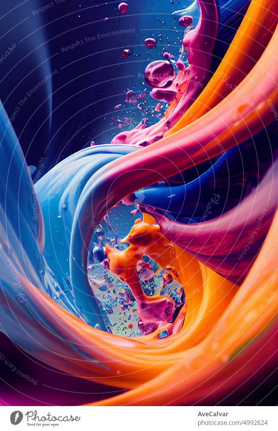 Dripping rainbow gradient color paint splashes as background header. Explosion of colored oil paint on black background with super texture ink abstract flowing