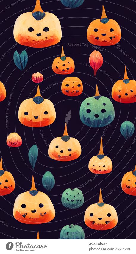 Cute Hand Drawn Halloween Cards and Pattern. Little White Ghost on a Black Background. Happy Halloween. Trick or Treat. Sweet Little Pumpkins halloween night