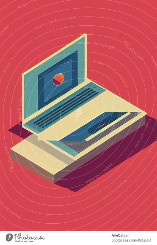 Illustration of a laptop ofer a office desk. Colorful abstract design,Flat design concept with fine lines. Perfect for web design, banner, mobile app, landing page.
