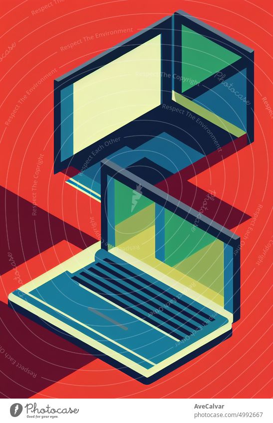 Illustration of a laptop ofer a office desk. Colorful abstract design,Flat design concept with fine lines. Perfect for web design, banner, mobile app, landing page.