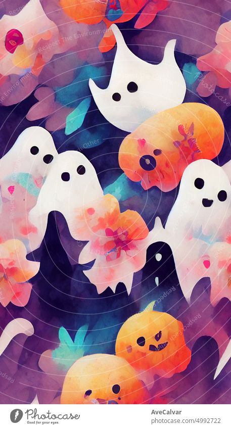 Halloween.Cute colorful Pumpkin. Scull. Ghosts. Hand drawn watercolor illustrations.engraving style.banner design ghost halloween horror scary cartoon bat party