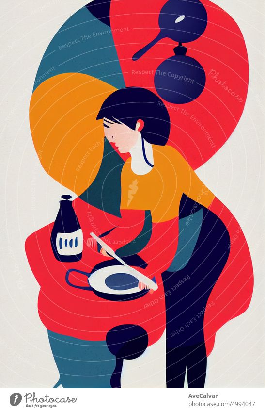 Illustration of a person cooking and preparing a meal. Colorful abstract design,Flat design concept with fine lines. Perfect for web design, banner, mobile app, landing page.