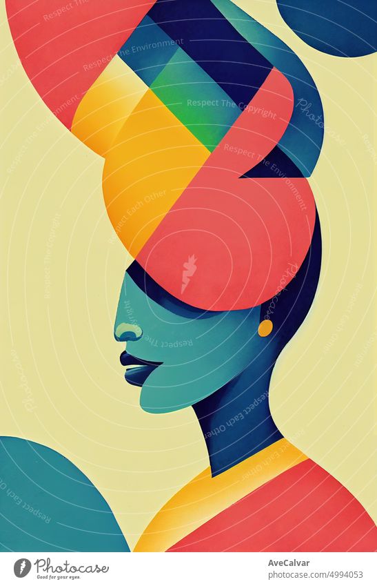 Illustration of a bipoc woman. Colorful abstract design,Flat design concept with fine lines. Perfect for web design, banner, mobile app, landing page. african