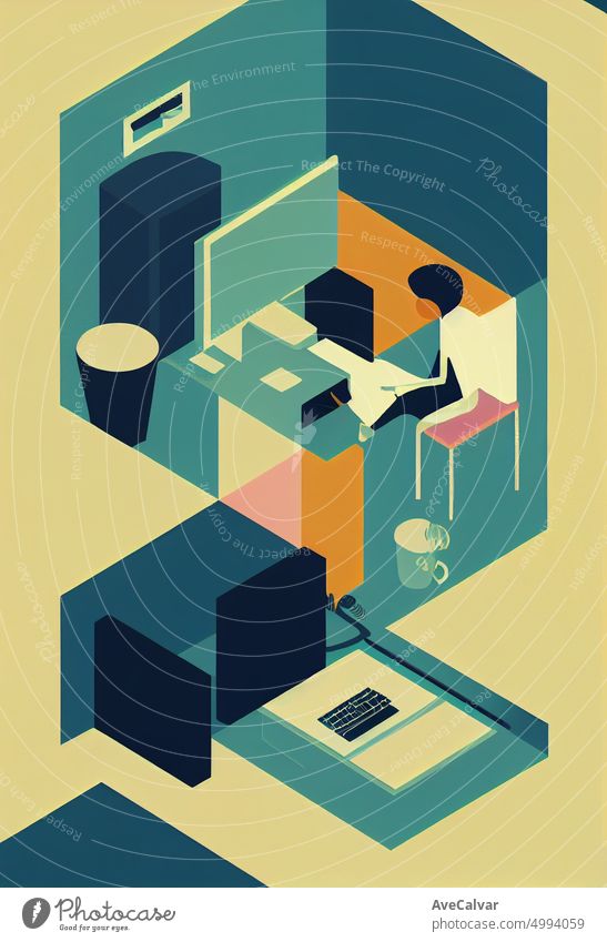 Illustration of a people working on laptop at office. Colorful abstract design,Flat design concept with fine lines. Perfect for web design, banner, mobile app, landing page.