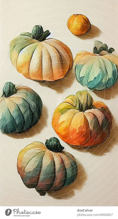 Big watercolor set with pumpkins for hallowen, pattern, scary party invitation concept. Hand drawn watercolor illustration.Autumn, harvest, thanksgiving card, stationery, fall wedding invitation