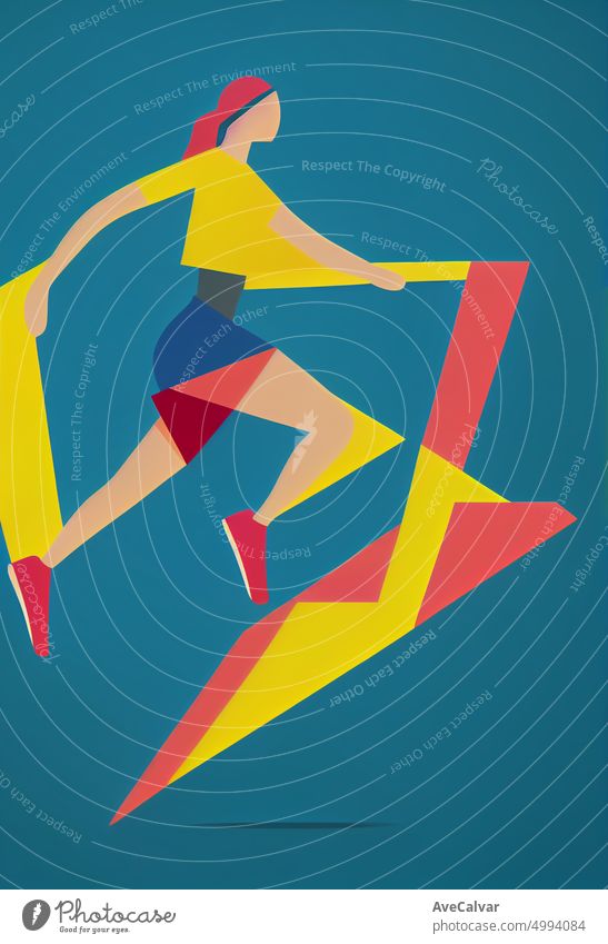 Illustration of a woman training and running to lose weight. Colorful abstract design,Flat design concept with fine lines. Perfect for web design, banner, mobile app, landing page.