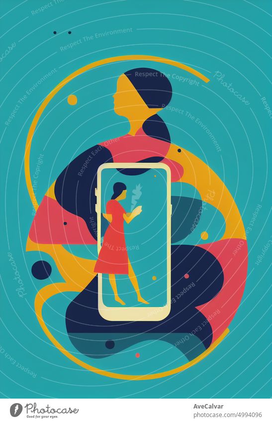 Illustration of a woman with a smartphone. Colorful abstract design,Flat design concept with fine lines. Perfect for web design, banner, mobile app, landing page.