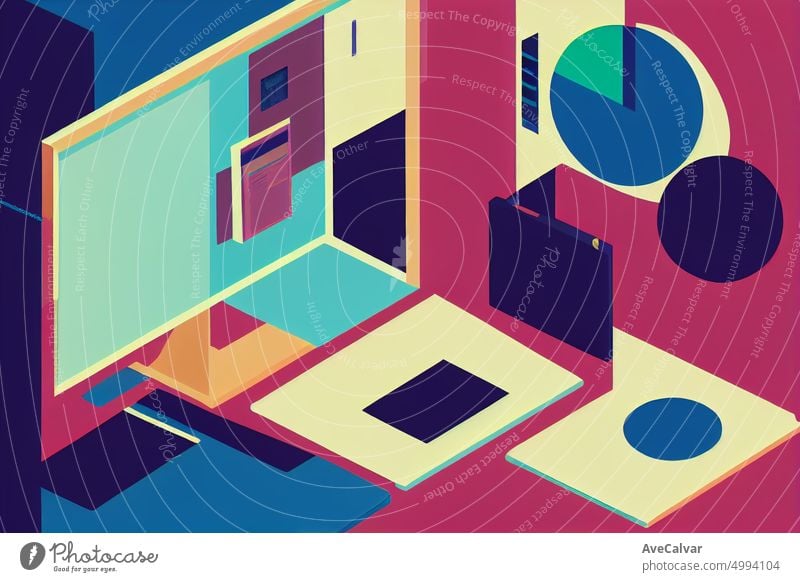 Illustration of a people working on laptop at office. Colorful abstract design,Flat design concept with fine lines. Perfect for web design, banner, mobile app, landing page.