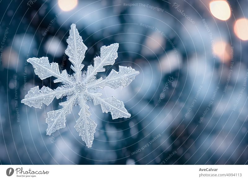 Winter snow background banner abstract bokeh. Snowflake Close-Up. Free space for text.Winter snow digital art - snowflakes falling in a blizzard illustration