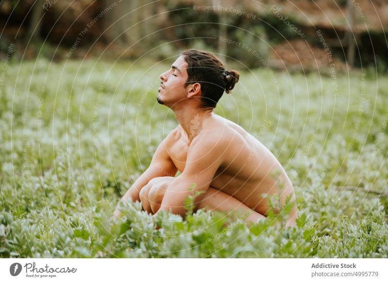 Nude man embracing knees in meadow naked nature nude summer tender enjoy field male harmony tranquil serene calm peaceful gentle idyllic carefree green